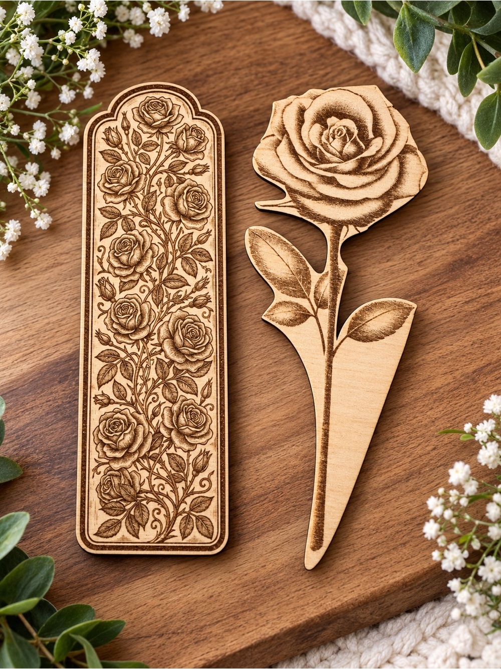 Laser-Etched Wooden Rose Bookmark Set